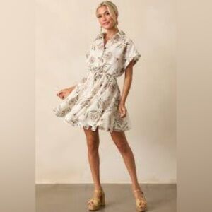 Aakaa Floral Linen-Blend Mini Dress - Cream & Brown - Size Small - NWT